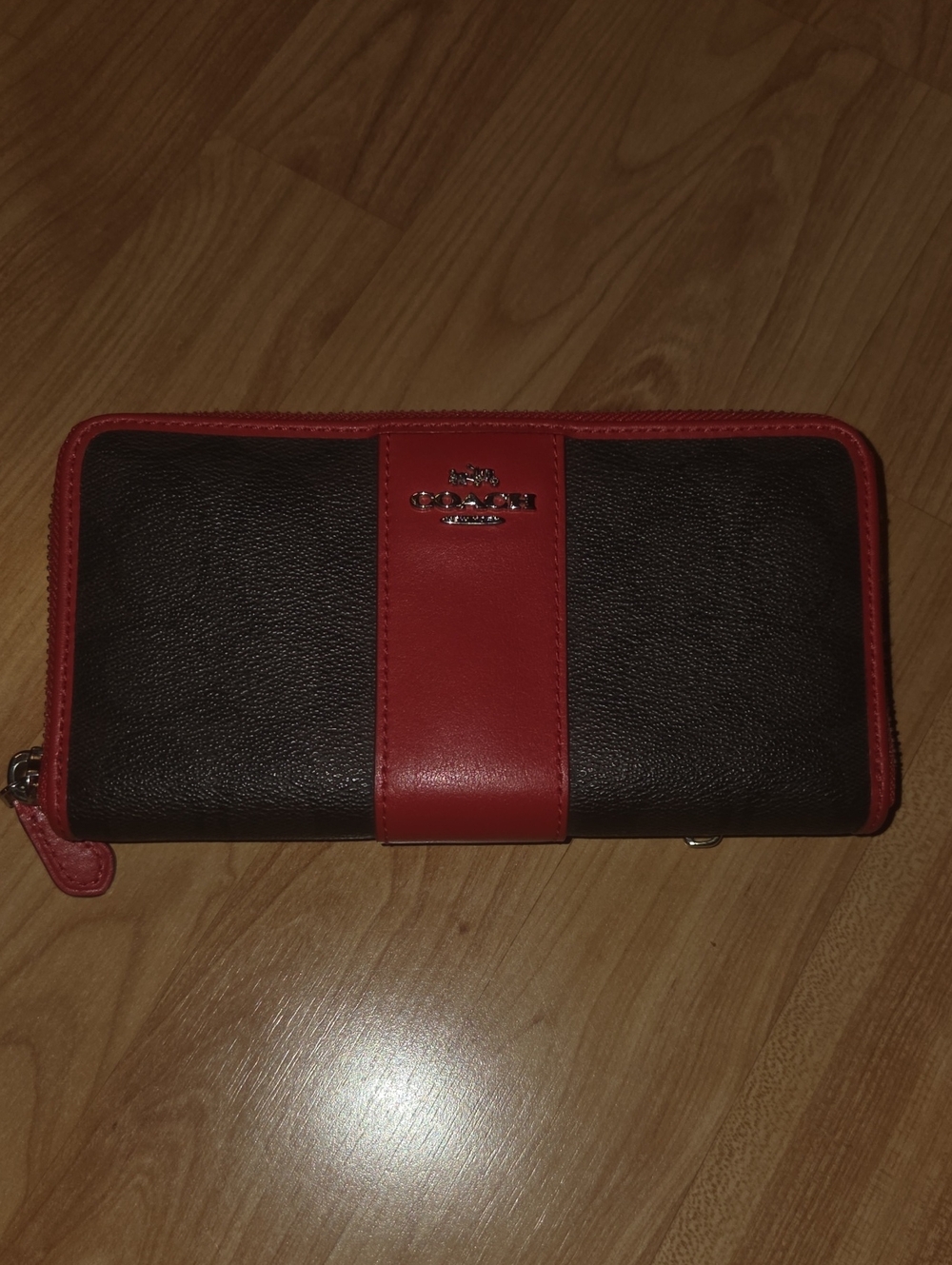 Coach Zip-Around Wallet in Dark Brown and Red